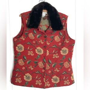 Vintage 90's 2000's Red Floral Woven Tapestry Vest Dark Brown Faux Fur Collar XL